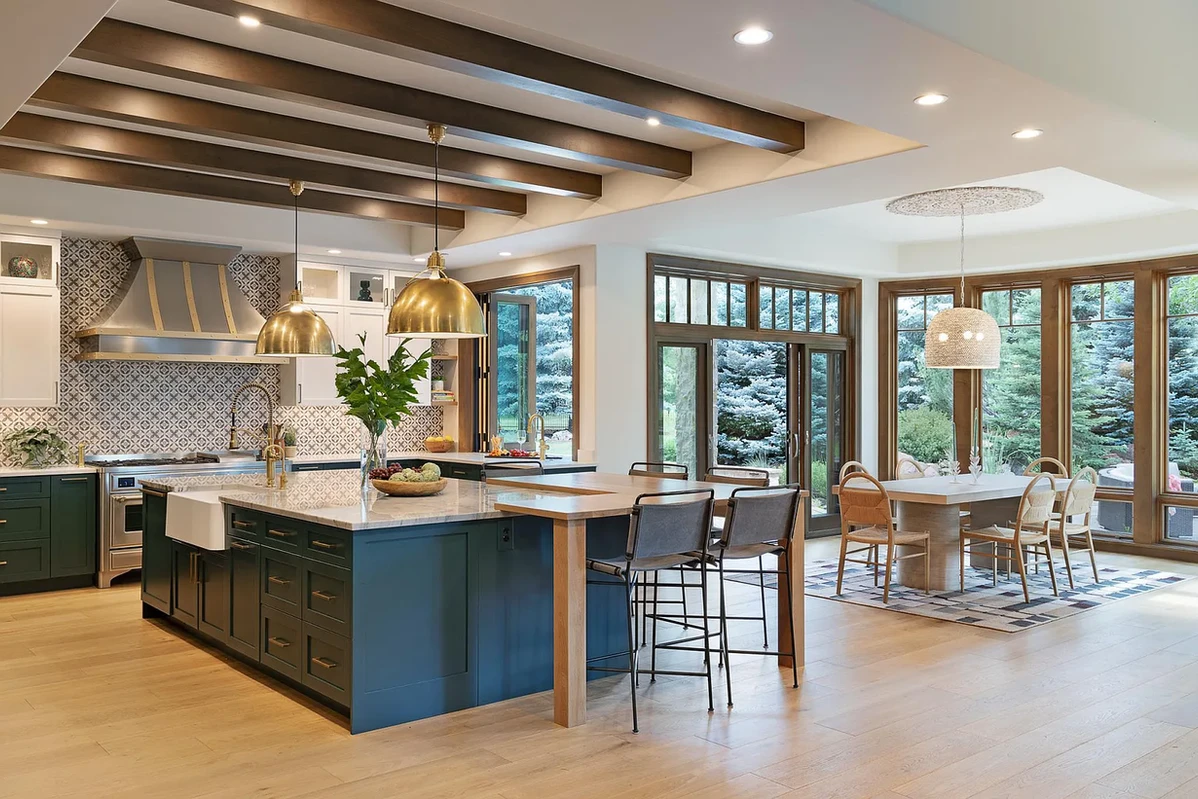 Contemporary kitchen with wood beams